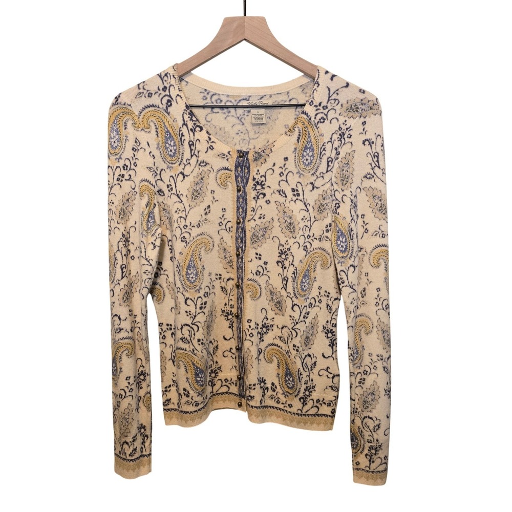 Lucky Brand Paisley Cardigan Sweater Women S Cream Blue Wool Blend Boho 7W50356